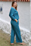 Petrol Blue Halter Neck Long Sleeve Two-Piece Set Knitted Elastic Waist Straight Leg Casual Suit - 7