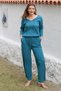 Petrol Blue Halter Neck Long Sleeve Two-Piece Set Knitted Elastic Waist Straight Leg Casual Suit - 3