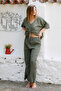 Organic Cotton Dark Khaki V-Neck 3/4 Sleeve Buttoned Gathered Woven Elastic Waist Wide Leg Casual Set - 5