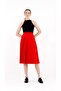 Red Midi Length Elastic Waist High Waist Pleated Skirt - 5