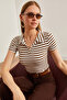 Women's Thick Striped Bitter Brown Polo Neck Buttoned Lycra Blouse Blz- 19002558 - 2