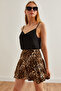Women's Leopard Woven Viscose Mini Skirt with Black Shorts Etk- 19000272