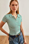 Women's Thick Striped Emerald Polo Neck Buttoned Lycra Blouse Blz- 19002558