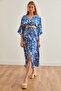 Cobalt Blue Double Breasted Collar and Slit Elastic Waist Women's Dress - ELB-19002188