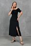 Black Summer Dress with Gipeli on the Back, Gathered Detail on the Chest, Slit, Midi Length, Short Sleeves 104 - 6