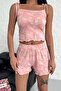 Women's Powder Print Soft Lace-Up Detailed Short Sleepwear Set - 4