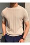 Men's Beige Mink Classic Casual Regular Fit Crew Neck 100% Knitwear Flowy Knitted T-Shirt - 4