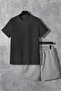 Unisex Black Oversize Crew Neck Bottom Top T-shirt with Shorts Double Set