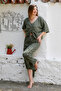Organic Cotton Dark Khaki V-Neck 3/4 Sleeve Buttoned Gathered Woven Elastic Waist Wide Leg Casual Set - 6
