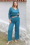 Petrol Blue Halter Neck Long Sleeve Two-Piece Set Knitted Elastic Waist Straight Leg Casual Suit - 6