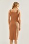Women's Camel Corduroy Fabric Slit Detailed Strap Dress 60251341 - 4