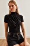 Women's Black Draped Detailed Short Sleeve Flowy Blouse Blz-19002672 - 2