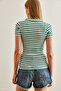 Women's Thick Striped Emerald Polo Neck Buttoned Lycra Blouse Blz- 19002558 - 5
