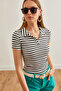 Women's Thick Striped Ecru Polo Neck Buttoned Lycra Blouse Blz- 19002558