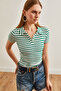 Women's Thick Striped Emerald Polo Neck Buttoned Lycra Blouse Blz- 19002558 - 4