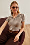 Women's Thick Striped Bitter Brown Polo Neck Buttoned Lycra Blouse Blz- 19002558 - 4