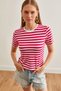 Women's Fuchsia Crew Neck Striped Stretchy Crop T-Shirt Tsh- 19000823 - 2