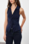 Lacivert Fitted/Vücuda Oturan Polo Yaka Esnek Örme Bluz TWOSS24BZ00085 - 4