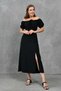 Black Summer Dress with Gipeli on the Back, Gathered Detail on the Chest, Slit, Midi Length, Short Sleeves 104 - 4