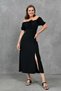 Black Summer Dress with Gipeli on the Back, Gathered Detail on the Chest, Slit, Midi Length, Short Sleeves 104 - 7