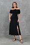 Black Summer Dress with Gipeli on the Back, Gathered Detail on the Chest, Slit, Midi Length, Short Sleeves 104