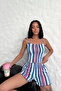 Women's Blue Striped Soft Lace-Up Detailed Short Pajama Set - 3