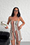 Women's Coffee Striped Soft Lace-Up Detailed Shorts Pajamas Set - 3
