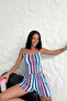 Women's Blue Striped Soft Lace-Up Detailed Short Pajama Set