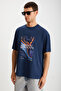 Landscape Men's 100% Organic Cotton Print Detailed Thick Textured Oversive Navy Blue T-Shirt - 2