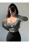 Ribbon Detail Grey Square Neck Corded Fabric Knit Cropped Blouse - 2