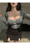 Ribbon Detail Grey Square Neck Corded Fabric Knit Cropped Blouse - 3