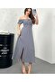 Gray Slit Ayrobin Fabric Lace-Up Front Midi Dress 5912 - 3