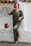 Organic Cotton Dark Khaki V-Neck 3/4 Sleeve Buttoned Gathered Woven Elastic Waist Wide Leg Casual Set - 4
