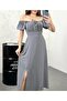 Gray Slit Ayrobin Fabric Lace-Up Front Midi Dress 5912 - 4