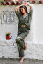 Organic Cotton Dark Khaki V-Neck 3/4 Sleeve Buttoned Gathered Woven Elastic Waist Wide Leg Casual Set - 3