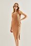 Women's Camel Corduroy Fabric Slit Detailed Strap Dress 60251341 - 3