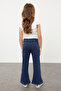 Koyu Mavi Kız Çocuk Geniş Paça/Flare Esnek Lastikli Denim Pantolon Jean TKDSS24PL00011 - 2