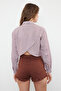 Striped Crop Woven Back Low-cut Linen Look Shirt TBESS24GO00012 - 5