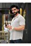 Men's Black and White Striped Patterned Corded Cotton Summer Short Sleeve Apaj Collar Shirt - 2