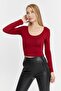 Women's Burgundy Pool Collar Long Sleeve Crop Blouse - 2
