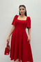 Crepe Fabric Square Collar Midiboy Evening Dress - RED - 4