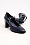 Sharon Genuine Leather Women's Heeled Shoes with Front Strap - Navy Blue - 3