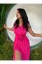 Women's Fuchsia Imported Viscose Fabric V-Neck Rose Detailed Design Slit Dress
