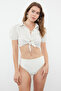 Bej Crop Dokuma Bağlamalı Keten Görünümlü Plaj Bluz TBESS24BZ00011 - 6