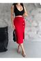 Women's Red Color Button Detailed Knitted Ribbed Camisole Fabric Slit Midi Length Skirt Seasonal - 4