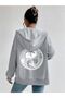 Round Double Dragon Printed Zippered Hooded Oversize Sweatshirt