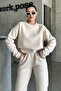 Unisex Beige Crew Neck Plain Oversized Top and Bottom Tracksuit Set - 7