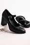 Sharon Genuine Leather Women's Heeled Shoes with Front Strap - Black