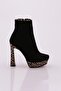 1300-22K Women's High Platform Zippered Goblet Heeled Boots Black Suede Mustard
