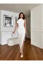 Women's White Imported Crepe Fabric Halter Neck Lined Dress with Rose Detail Design - 5